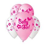 Set 500 baloane alb/roz 30 cm inscriptionate Baby Girl