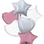 Buchet 6 baloane folie stele si inimi roz/alb/silver, 46 cm