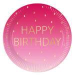 Set 8 farfurii carton 23 cm pink Happy Birthday