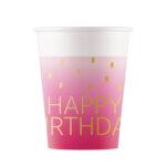 Set 8 pahare carton 200ml pink Happy Birthday