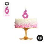 Lumanare party metalizata cifra 6 roz, 8.5cm