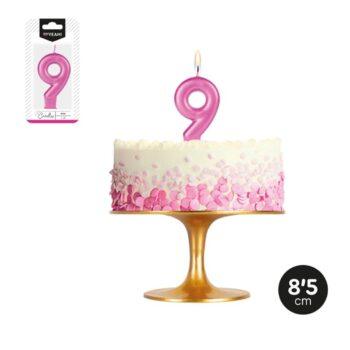 Lumanare party metalizata cifra 9 roz, 8.5cm