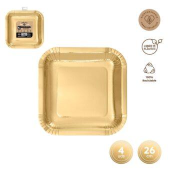Set 4 farfurii patrate, din carton, aurii, 26x26 cm