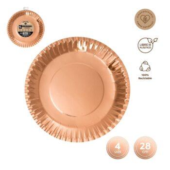 Set 4 farfurii rotunde, din carton, rose-gold, 28 cm2