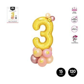 Decor baloane cifra 3 auriu/roz, 120 cm