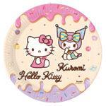 Set 8 farfurii party Hello Kitty și Kuromi, 23 cm, carton FSC ecologic, design roz-violet pentru petreceri aniversare