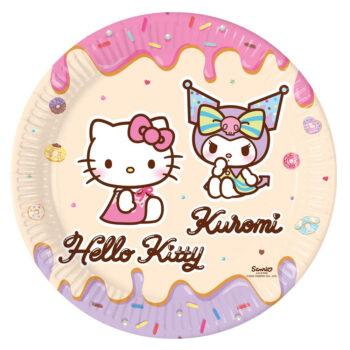 Set 8 farfurii party Hello Kitty și Kuromi, 23 cm, carton FSC ecologic, design roz-violet pentru petreceri aniversare