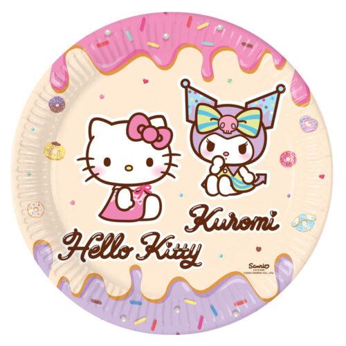 Set 8 farfurii party Hello Kitty și Kuromi, 23 cm, carton FSC ecologic, design roz-violet pentru petreceri aniversare