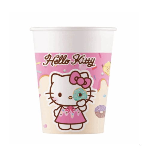 Set 8 pahare party Hello Kitty și Kuromi, 200ml, articole festive Sanrio, design roz-violet pentru petreceri aniversare