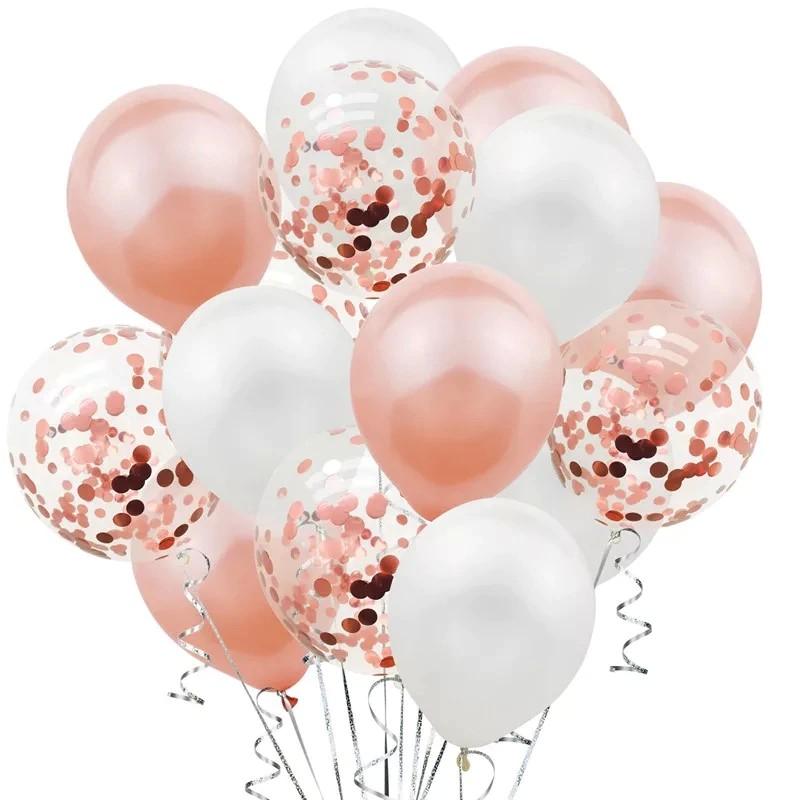 123047 Kit 15 baloane latex albe/transparente/rose-gold, 30cm