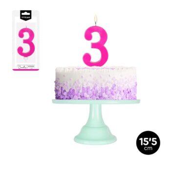Lumânare party cifră 3 fuchsia 15,5 cm – decor aniversar strălucitor pentru torturi de petrecere