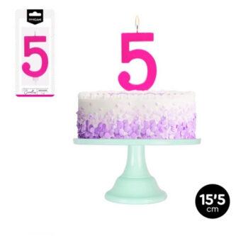 Lumanare party cifra 5 fuchsia, 15,5cm