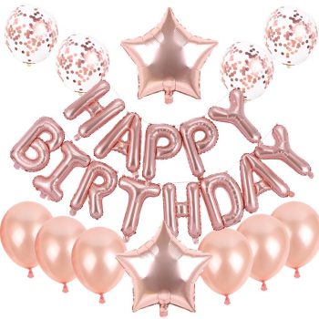 Set baloane din folie metalizata si baloane din latex, baloane HAPPY BIRTHDAY, 4 baloane latex Confetti, 6 baloane latex Roz, 2 baloane folie Steluta, 40cm, Roz