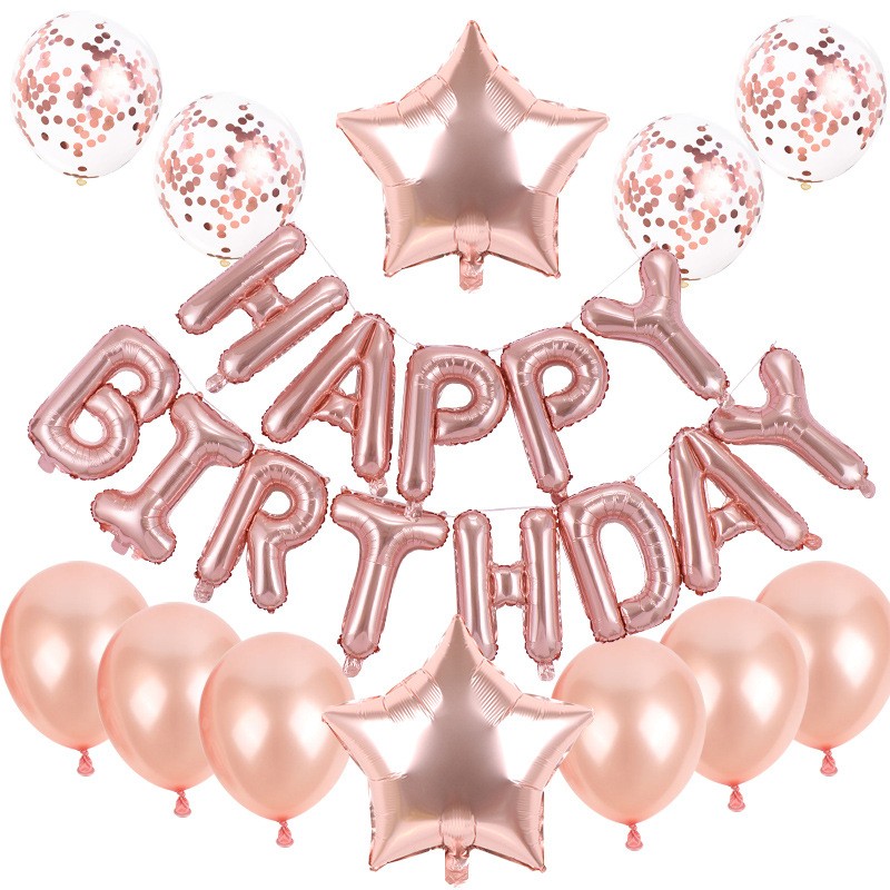 127275 Set baloane din folie metalizata si baloane din latex, baloane HAPPY BIRTHDAY, 4 baloane latex Confetti, 6 baloane latex Roz, 2 baloane folie Steluta, 40cm, Roz