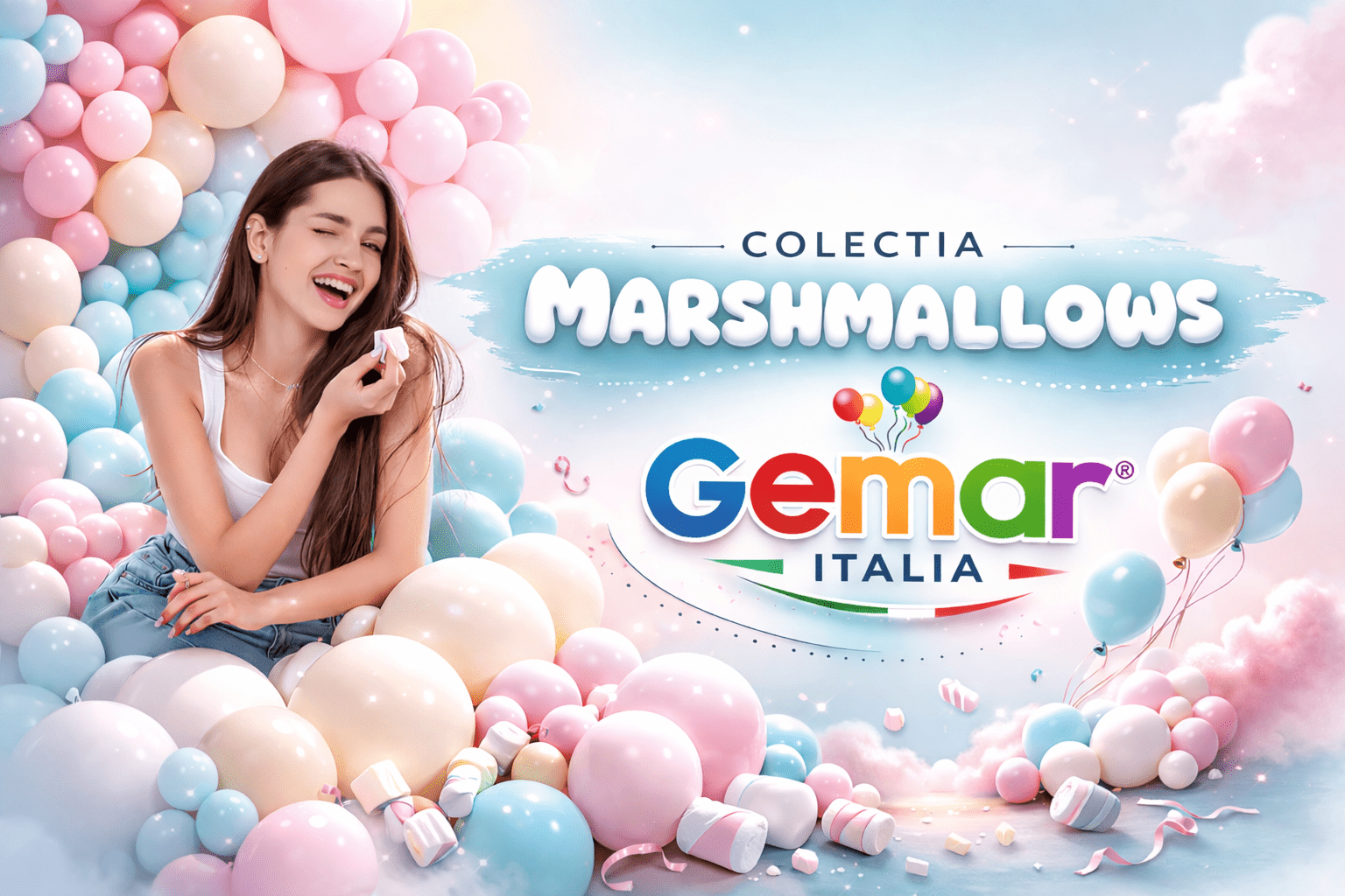 Baloane pastel și decor marshmallows Gemar – colecție Marshmallows pentru evenimente, decor cu baloane colorate și atmosferă festivă
